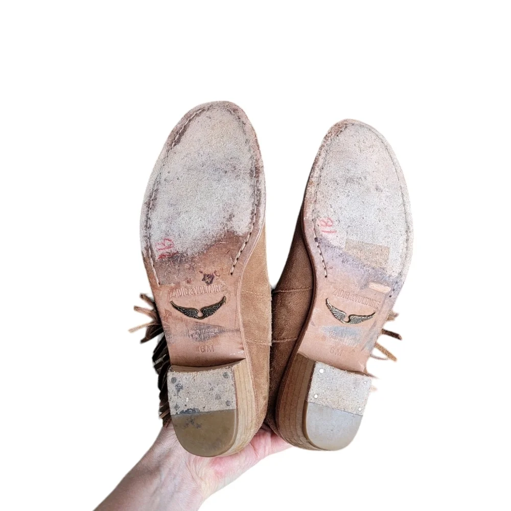 Zadig & Voltaire Pearce‎ Fringe Taupe Suede Ankle Booties Women's 6
